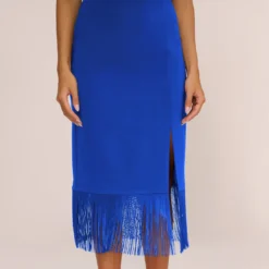 Crepe Popover Midi Dress With Fringe Trim In Royal Sapphire 10 Crepe Popover Midi Dress With Fringe Trim In Royal Sapphire -Glam Mirth Sales MN1E208002 AN401 Regular Lifestyle