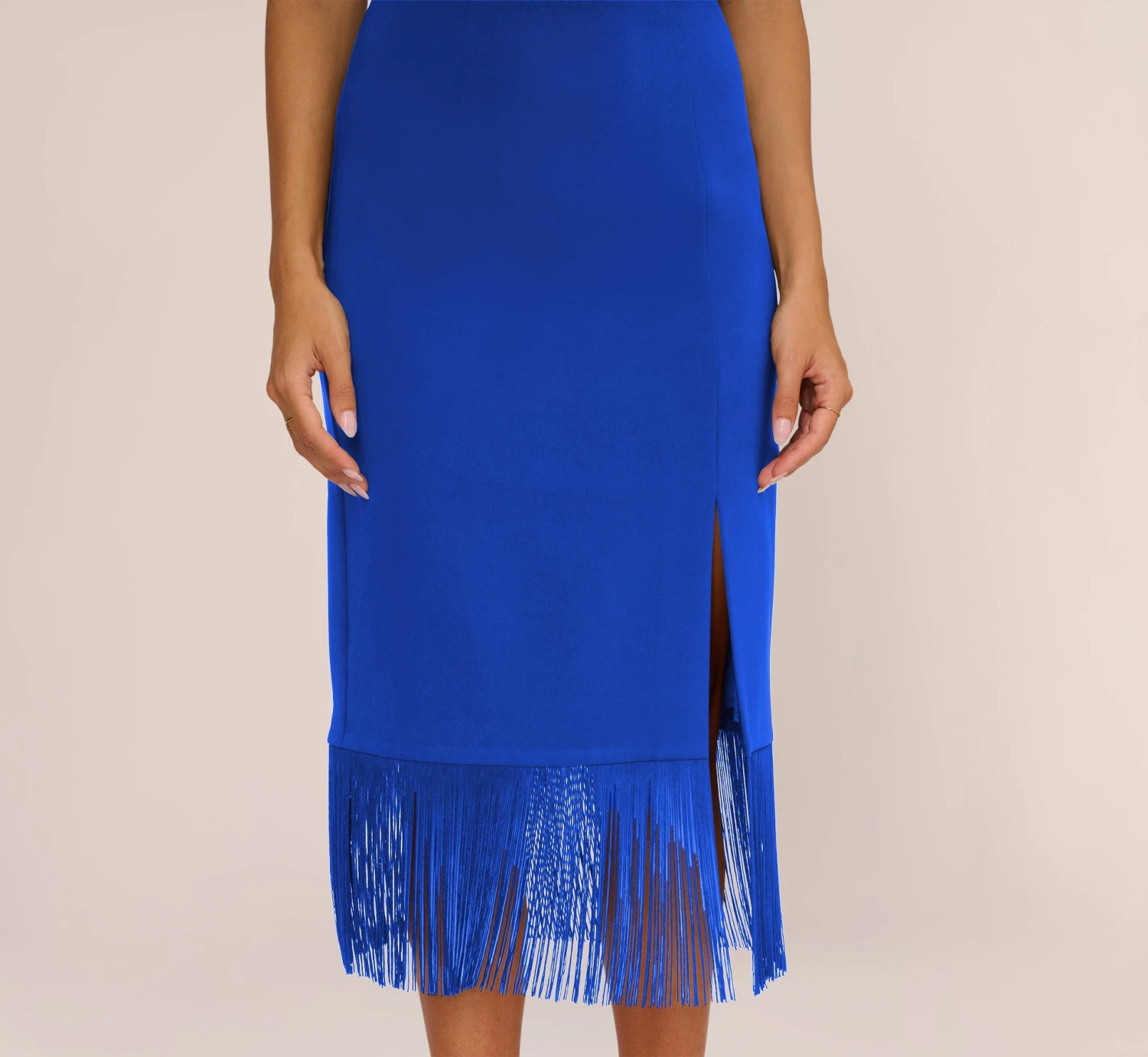 Crepe Popover Midi Dress With Fringe Trim In Royal Sapphire 5 Crepe Popover Midi Dress With Fringe Trim In Royal Sapphire - Image 5