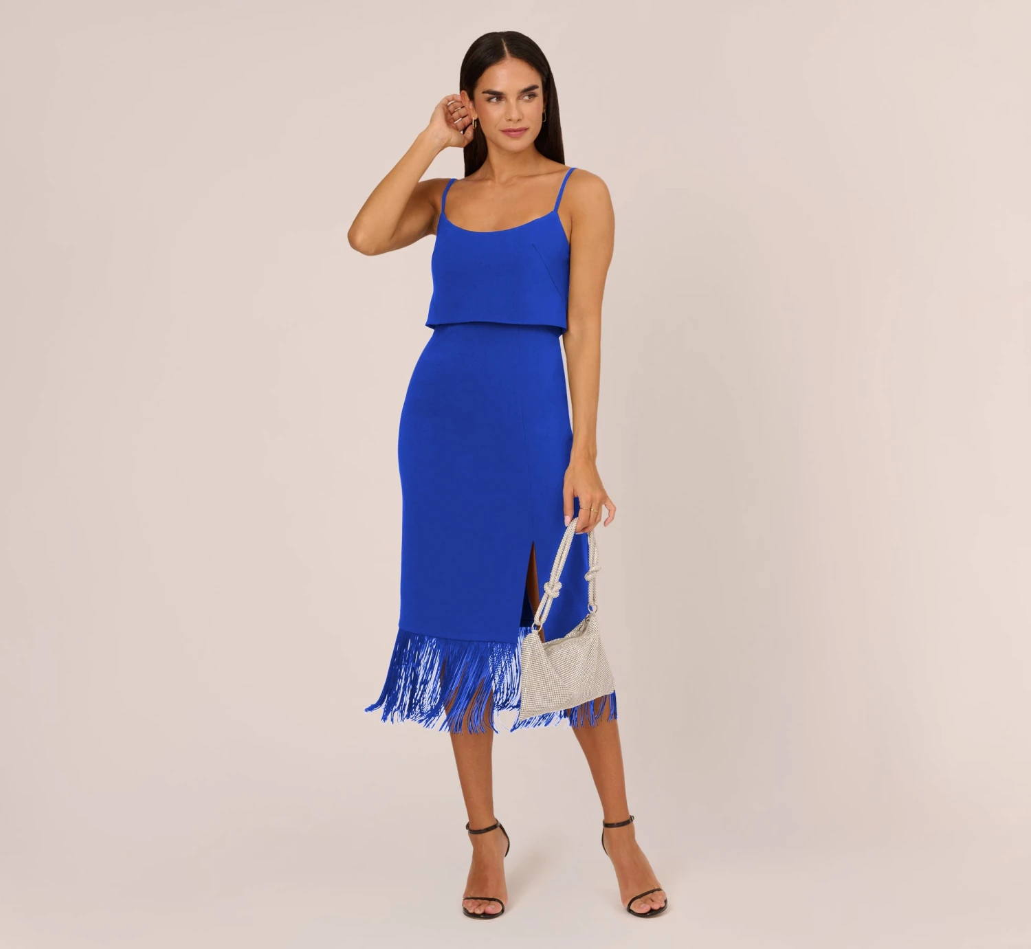 Crepe Popover Midi Dress With Fringe Trim In Royal Sapphire 2 Crepe Popover Midi Dress With Fringe Trim In Royal Sapphire - Image 2