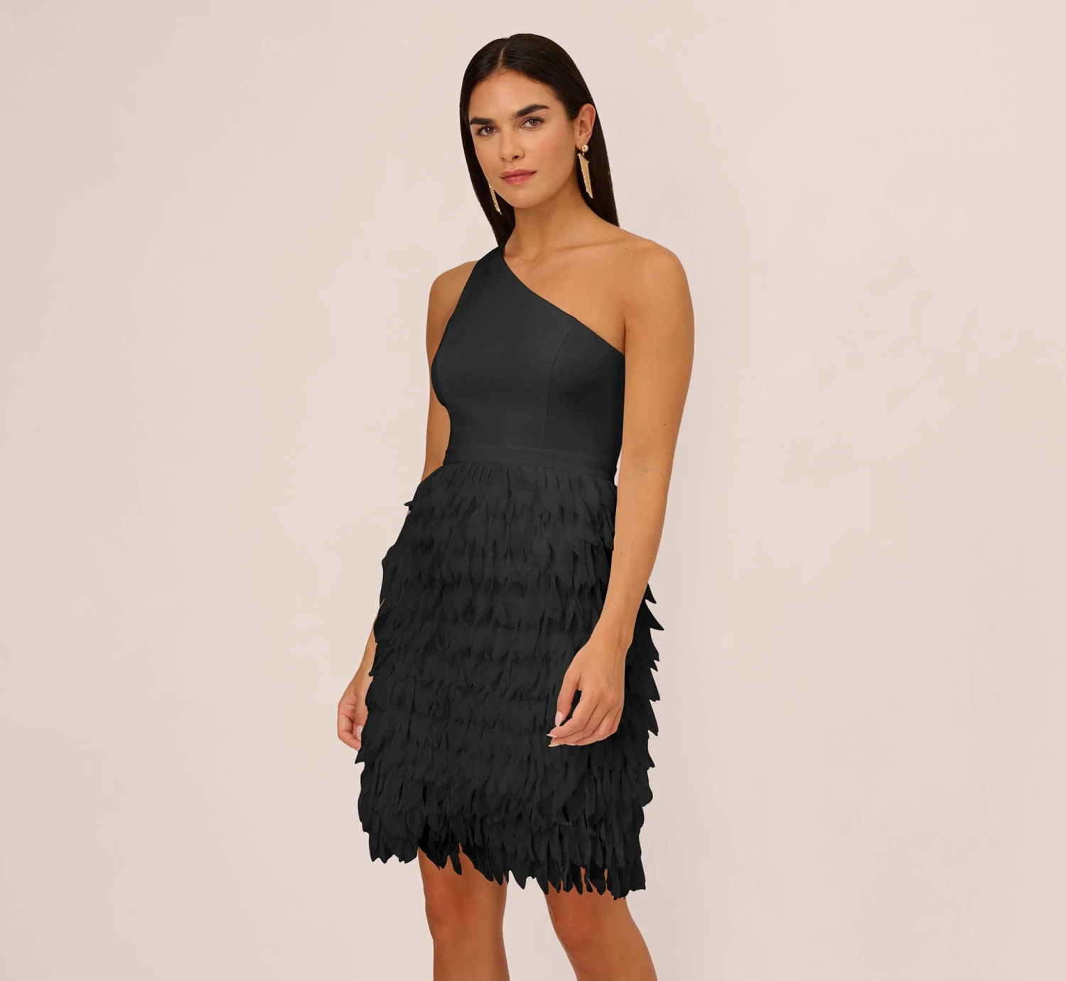 One Shoulder Cocktail Dress With Feather Chiffon Skirt In Black 1 One Shoulder Cocktail Dress With Feather Chiffon Skirt In Black