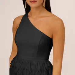 One Shoulder Cocktail Dress With Feather Chiffon Skirt In Black 9 One Shoulder Cocktail Dress With Feather Chiffon Skirt In Black -Glam Mirth Sales MN1E208133 AA002 Regular Detail
