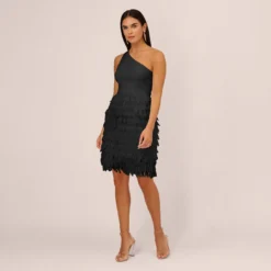 One Shoulder Cocktail Dress With Feather Chiffon Skirt In Black 13 One Shoulder Cocktail Dress With Feather Chiffon Skirt In Black -Glam Mirth Sales MN1E208133 AA002 Regular Front
