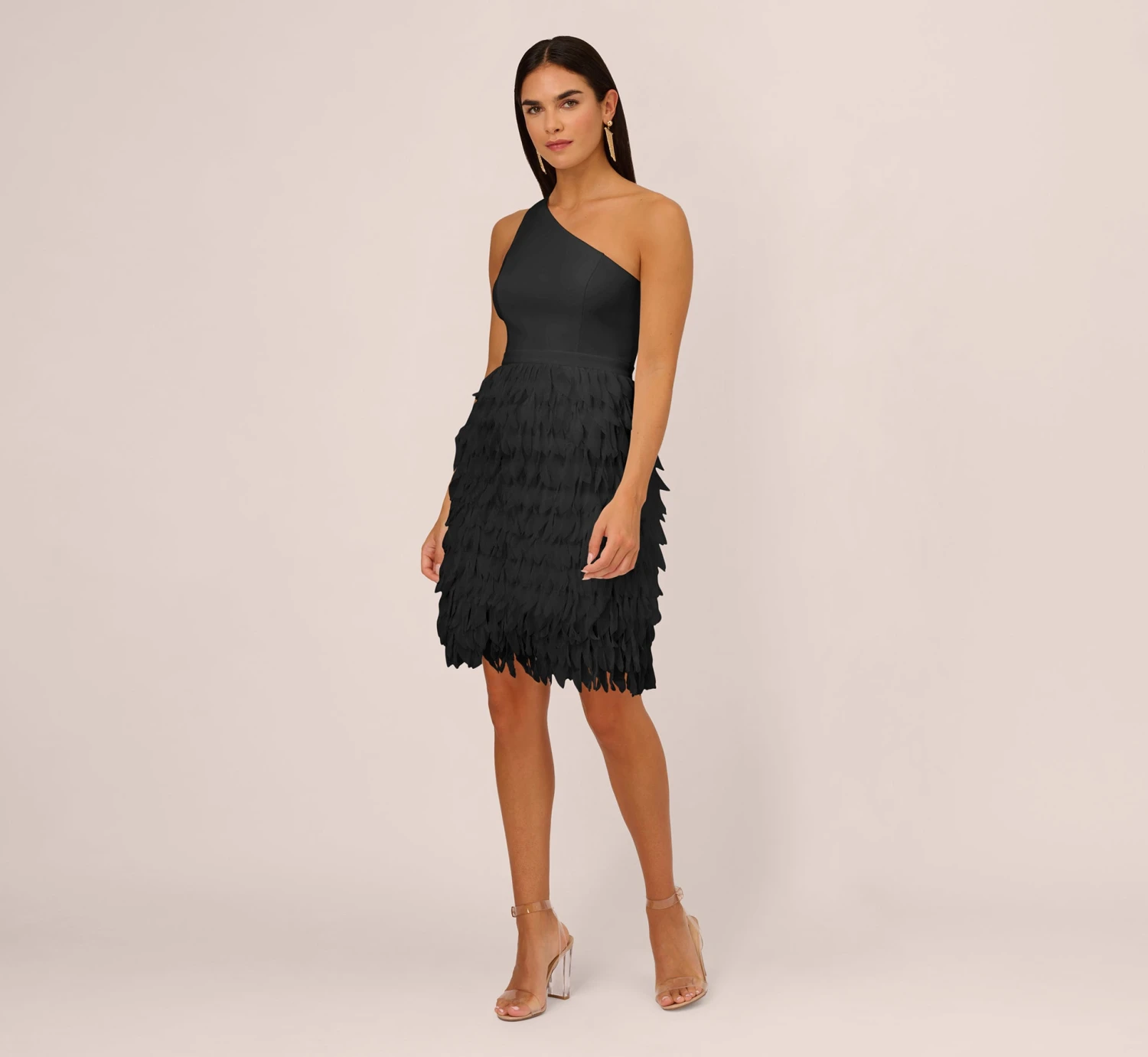 One Shoulder Cocktail Dress With Feather Chiffon Skirt In Black 7 One Shoulder Cocktail Dress With Feather Chiffon Skirt In Black - Image 7