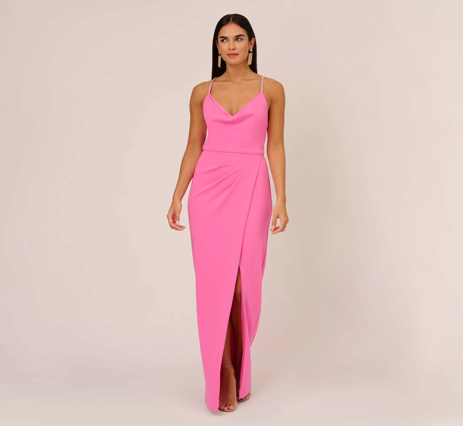 Cowl Neck Column Gown With Draped Details In Pink Parfait 1 Cowl Neck Column Gown With Draped Details In Pink Parfait
