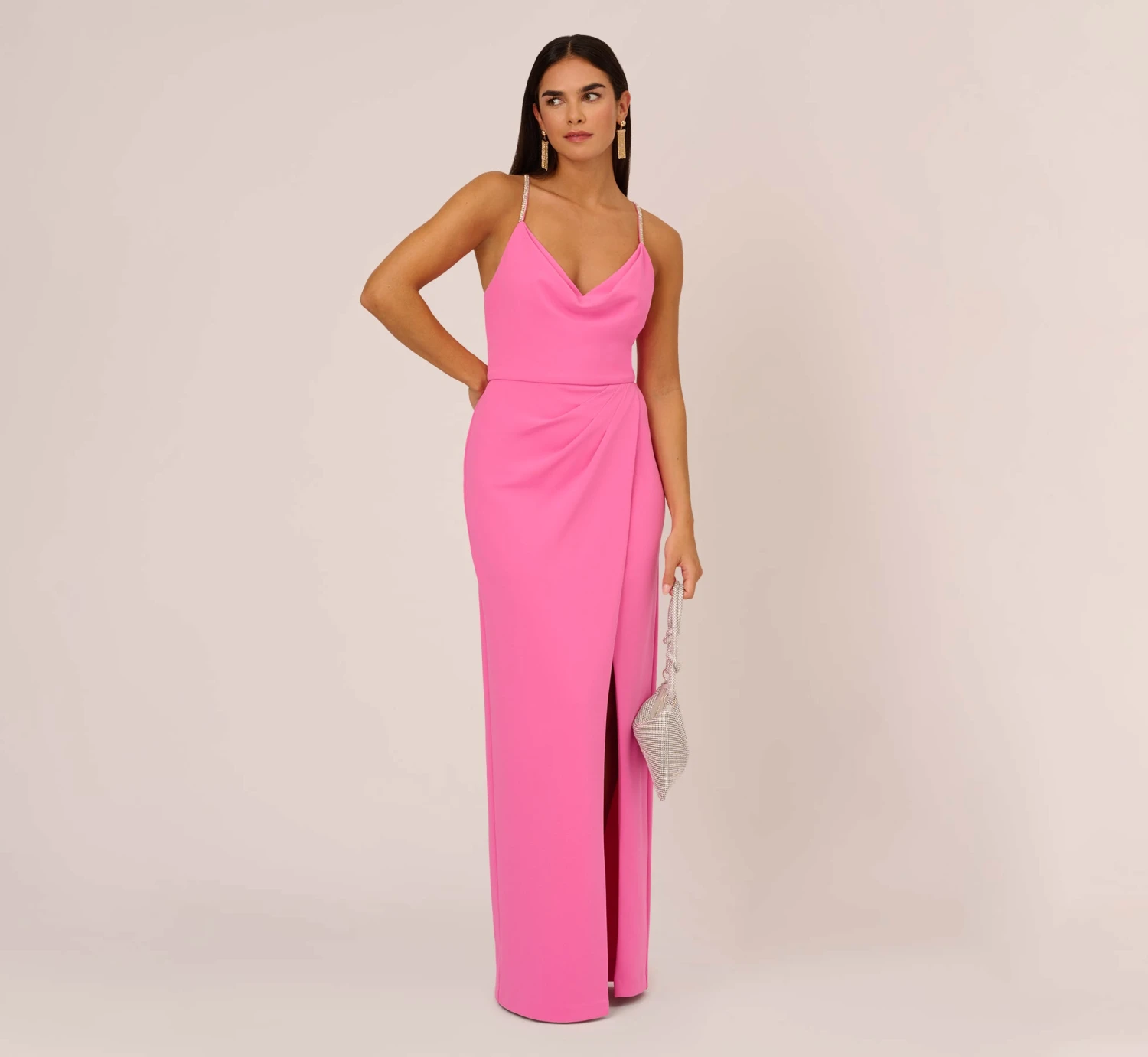 Cowl Neck Column Gown With Draped Details In Pink Parfait 2 Cowl Neck Column Gown With Draped Details In Pink Parfait - Image 2