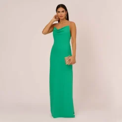 Cowl Neck Crepe Column Gown With Pearl Straps In Summer Green