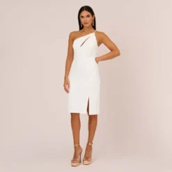 One Shoulder Crepe Dress With Cutout Neckline In Ivory 15 One Shoulder Crepe Dress With Cutout Neckline In Ivory -Glam Mirth Sales MN1E208139 AA194 Regular Front