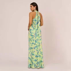 Foliage Printed Satin Gown With Halter Neckline In Green Multi -Glam Mirth Sales MN1E208141 AA390 Regular Back
