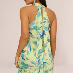 Foliage Printed Satin Gown With Halter Neckline In Green Multi -Glam Mirth Sales MN1E208141 AA390 Regular Lifestyle