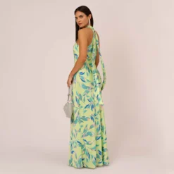 Foliage Printed Satin Gown With Halter Neckline In Green Multi