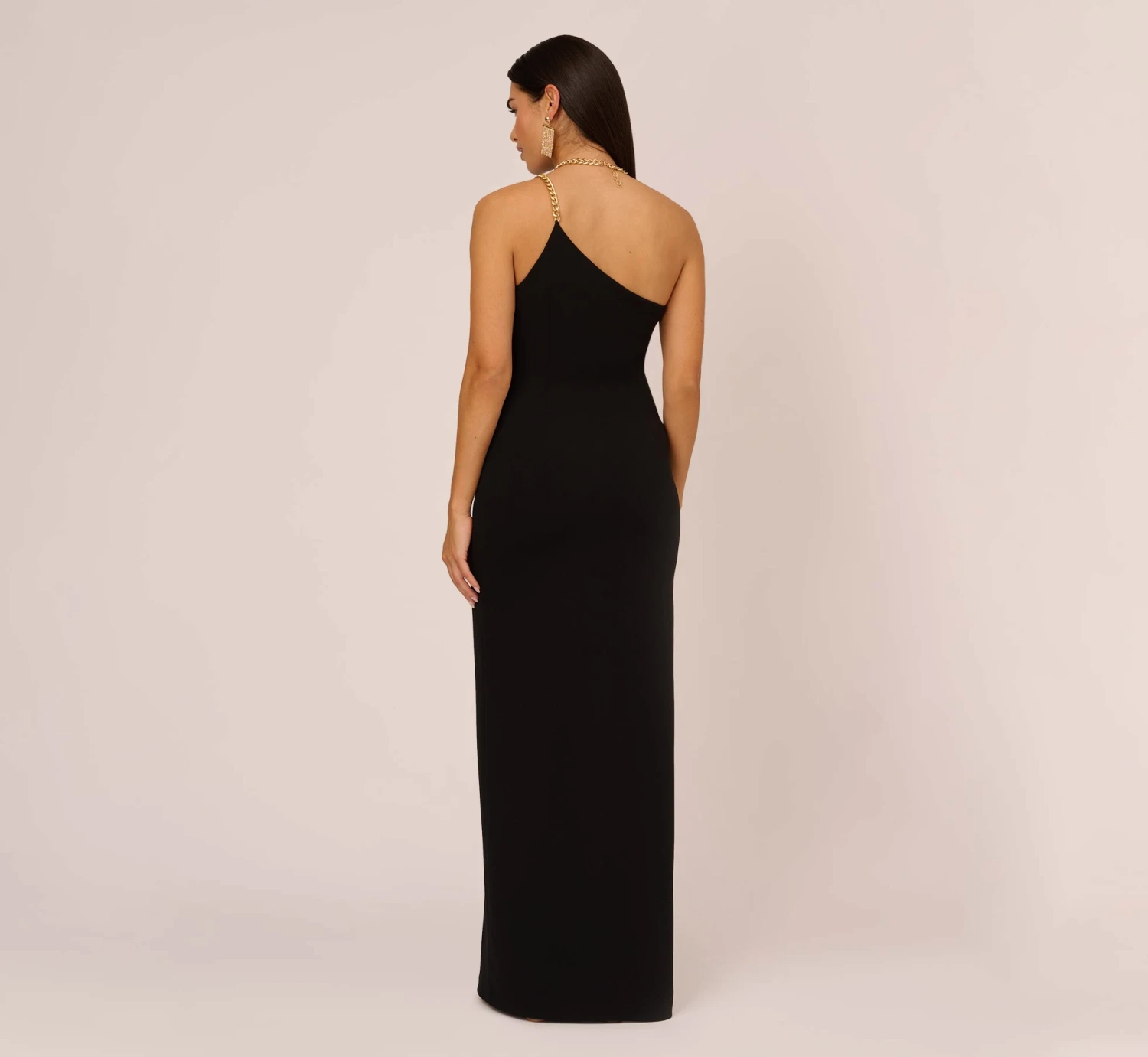 Asymmetrical Crepe Column Gown With Chain Straps In Black 4 Asymmetrical Crepe Column Gown With Chain Straps In Black - Image 4
