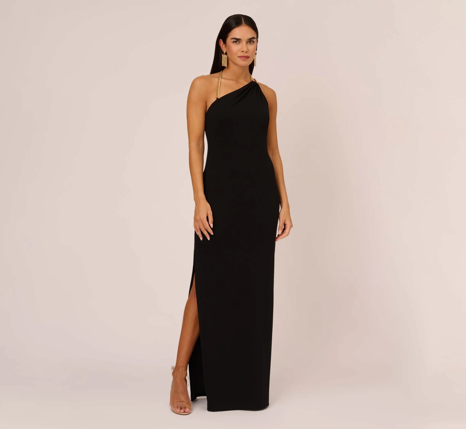 Asymmetrical Crepe Column Gown With Chain Straps In Black 1 Asymmetrical Crepe Column Gown With Chain Straps In Black