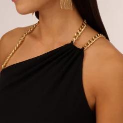 Asymmetrical Crepe Column Gown With Chain Straps In Black 8 Asymmetrical Crepe Column Gown With Chain Straps In Black -Glam Mirth Sales MN1E208143 AA002 Regular Detail