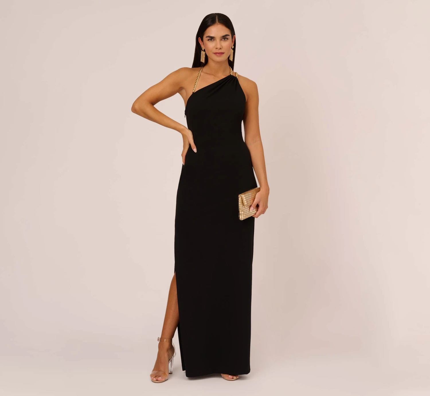 Asymmetrical Crepe Column Gown With Chain Straps In Black 2 Asymmetrical Crepe Column Gown With Chain Straps In Black - Image 2