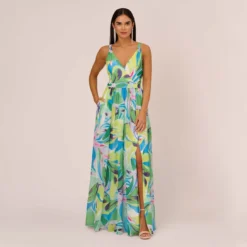 Tropical Printed Chiffon Dress With Wrap Details In Green Multi