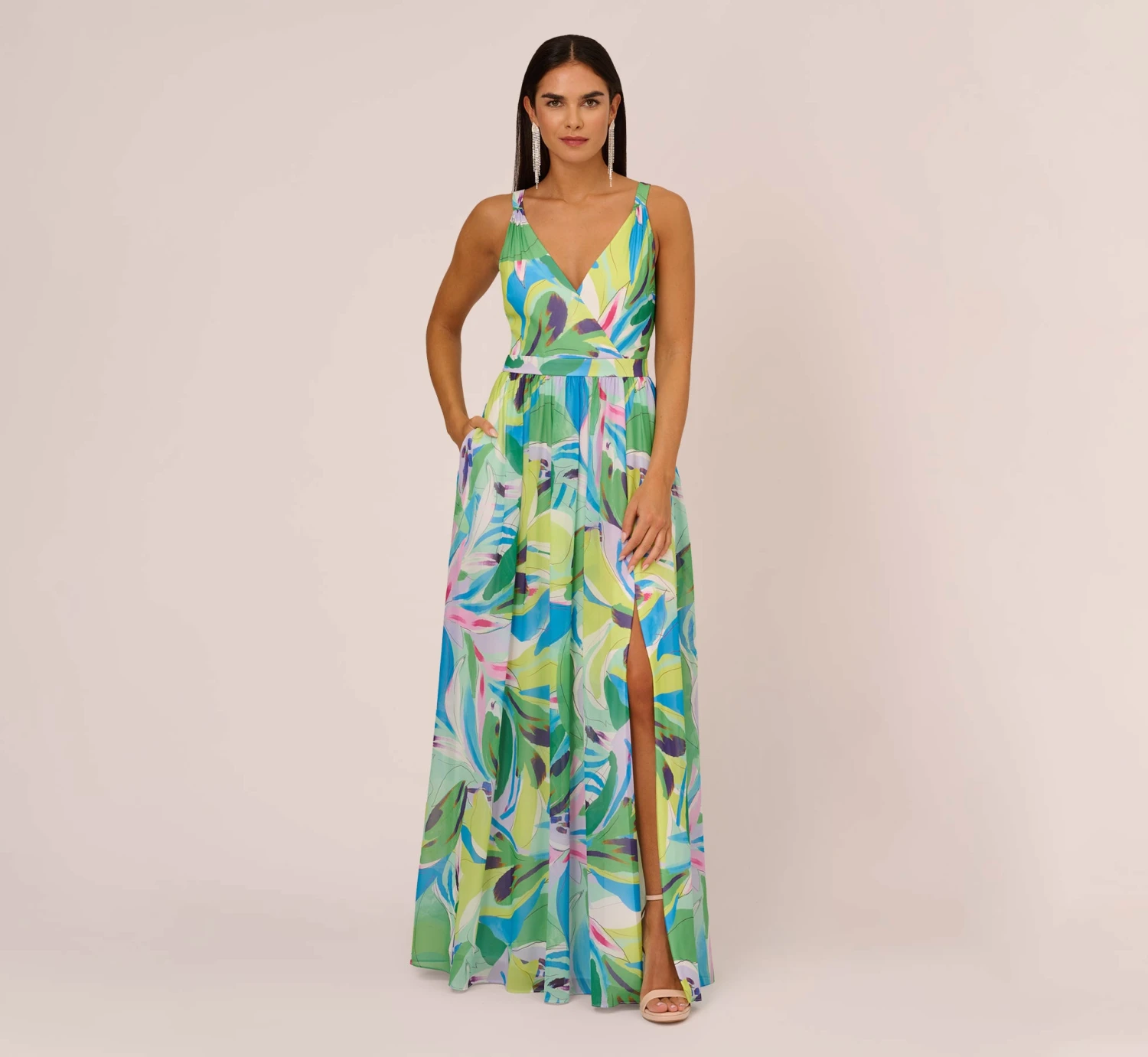 Tropical Printed Chiffon Dress With Wrap Details In Green Multi 1 Tropical Printed Chiffon Dress With Wrap Details In Green Multi