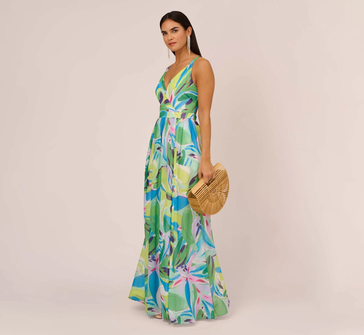Tropical Printed Chiffon Dress With Wrap Details In Green Multi 2 Tropical Printed Chiffon Dress With Wrap Details In Green Multi - Image 2