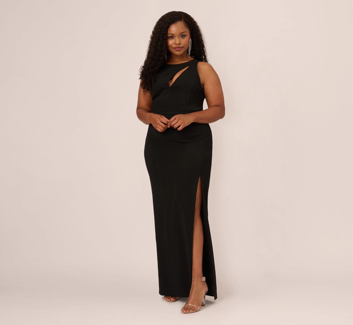 Plus Size Knit Crepe Sleeveless Column Gown With Cutout Neckline In Black 1 Plus Size Knit Crepe Sleeveless Column Gown With Cutout Neckline In Black