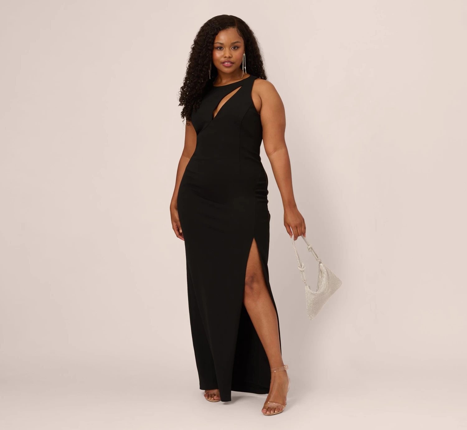 Plus Size Knit Crepe Sleeveless Column Gown With Cutout Neckline In Black 2 Plus Size Knit Crepe Sleeveless Column Gown With Cutout Neckline In Black - Image 2