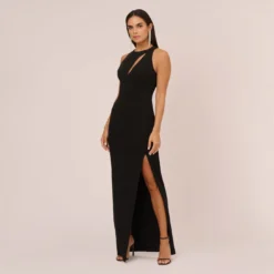 Knit Crepe Sleeveless Column Gown With Cutout Neckline In Black