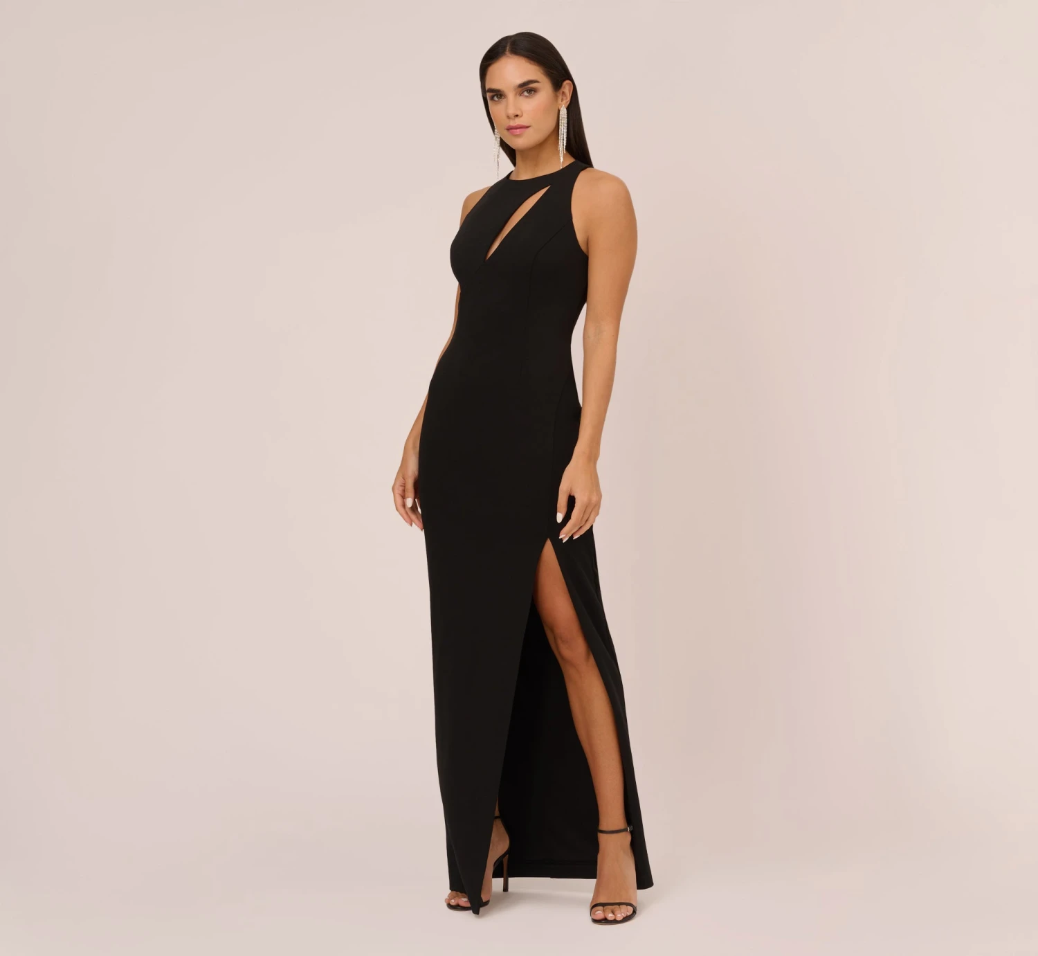 Knit Crepe Sleeveless Column Gown With Cutout Neckline In Black 1 Knit Crepe Sleeveless Column Gown With Cutout Neckline In Black