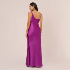 Asymmetrical A-Line Satin Gown With Rhinestone Trim In Wild Orchid -Glam Mirth Sales MN1E208379 AD510 Regular Back