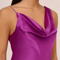 Asymmetrical A-Line Satin Gown With Rhinestone Trim In Wild Orchid -Glam Mirth Sales MN1E208379 AD510 Regular Detail