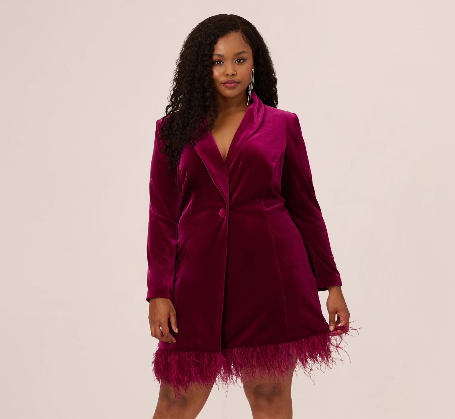 Plus Size Long Sleeve Velvet Tuxedo Dress With Feather Hem In Magenta 2 Plus Size Long Sleeve Velvet Tuxedo Dress With Feather Hem In Magenta - Image 2