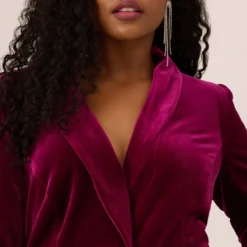 Plus Size Long Sleeve Velvet Tuxedo Dress With Feather Hem In Magenta 11 Plus Size Long Sleeve Velvet Tuxedo Dress With Feather Hem In Magenta -Glam Mirth Sales MN1E208384 AA520 Plus Detail