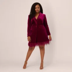 Plus Size Long Sleeve Velvet Tuxedo Dress With Feather Hem In Magenta 15 Plus Size Long Sleeve Velvet Tuxedo Dress With Feather Hem In Magenta -Glam Mirth Sales MN1E208384 AA520 Plus Front
