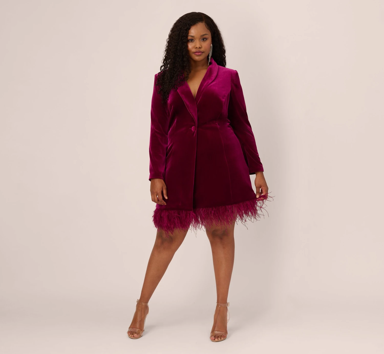 Plus Size Long Sleeve Velvet Tuxedo Dress With Feather Hem In Magenta 8 Plus Size Long Sleeve Velvet Tuxedo Dress With Feather Hem In Magenta - Image 8