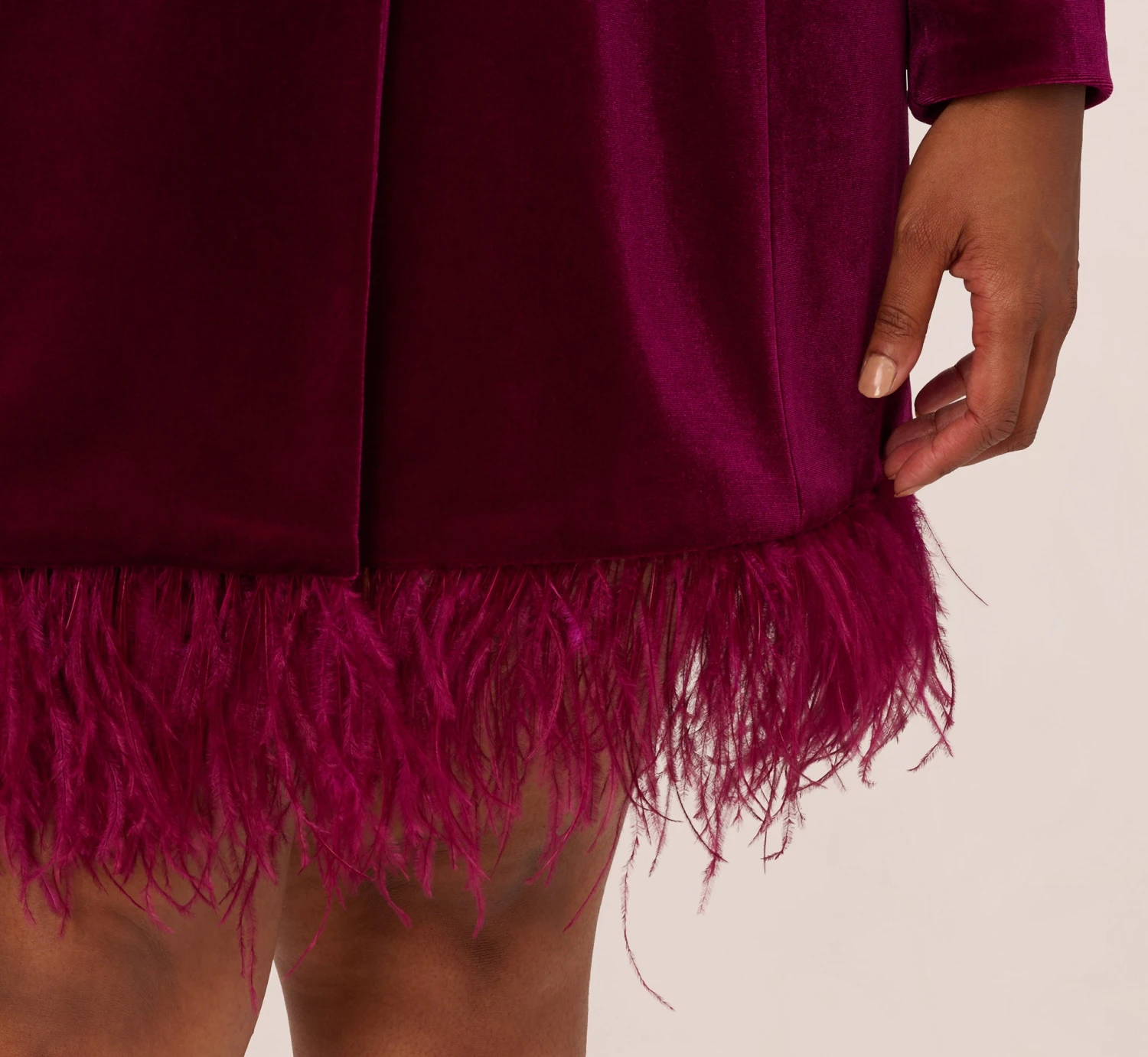 Plus Size Long Sleeve Velvet Tuxedo Dress With Feather Hem In Magenta 6 Plus Size Long Sleeve Velvet Tuxedo Dress With Feather Hem In Magenta - Image 6