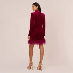 Long Sleeve Velvet Tuxedo Dress With Feather Hem In Magenta 10 Long Sleeve Velvet Tuxedo Dress With Feather Hem In Magenta -Glam Mirth Sales MN1E208384 AA520 Regular Back