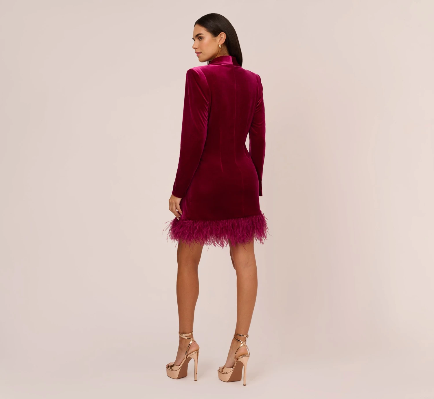 Long Sleeve Velvet Tuxedo Dress With Feather Hem In Magenta 4 Long Sleeve Velvet Tuxedo Dress With Feather Hem In Magenta - Image 4