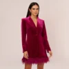Long Sleeve Velvet Tuxedo Dress With Feather Hem In Magenta