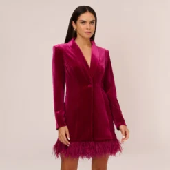 Long Sleeve Velvet Tuxedo Dress With Feather Hem In Magenta