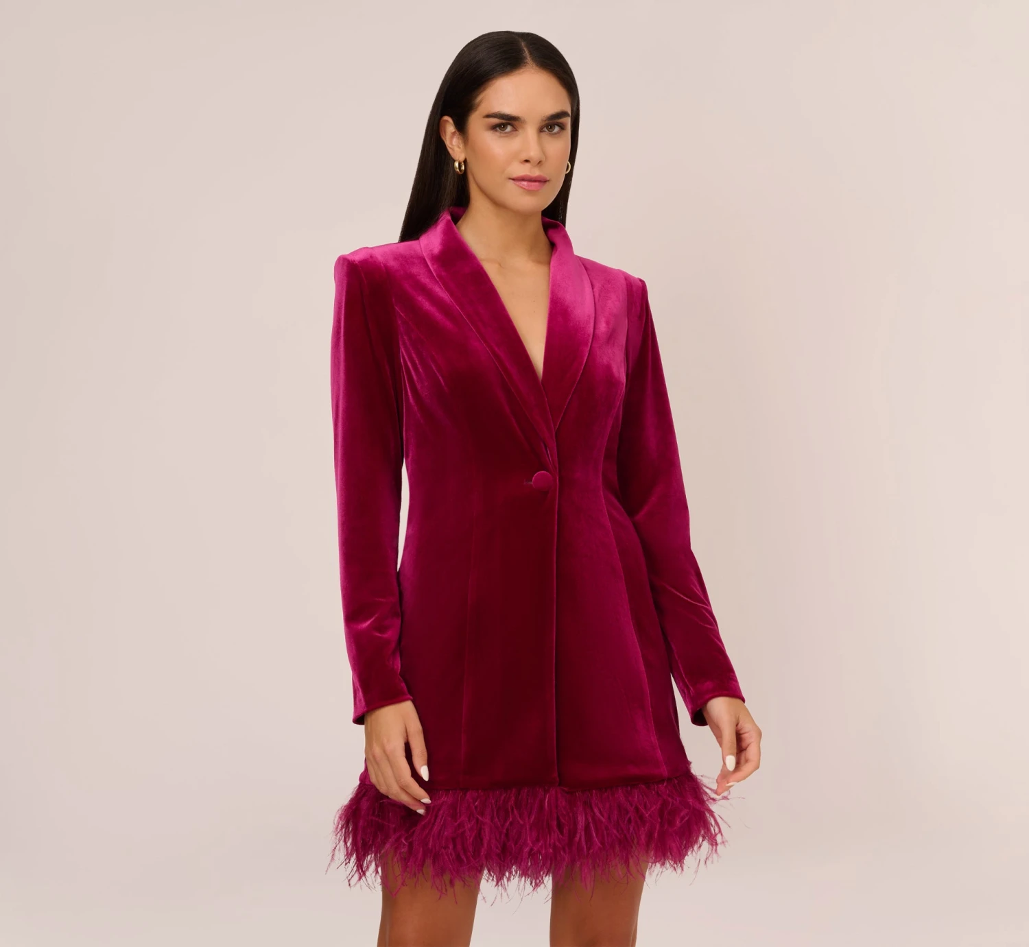 Long Sleeve Velvet Tuxedo Dress With Feather Hem In Magenta 1 Long Sleeve Velvet Tuxedo Dress With Feather Hem In Magenta