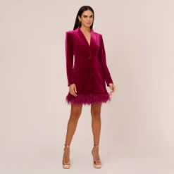 Long Sleeve Velvet Tuxedo Dress With Feather Hem In Magenta 13 Long Sleeve Velvet Tuxedo Dress With Feather Hem In Magenta -Glam Mirth Sales MN1E208384 AA520 Regular Front