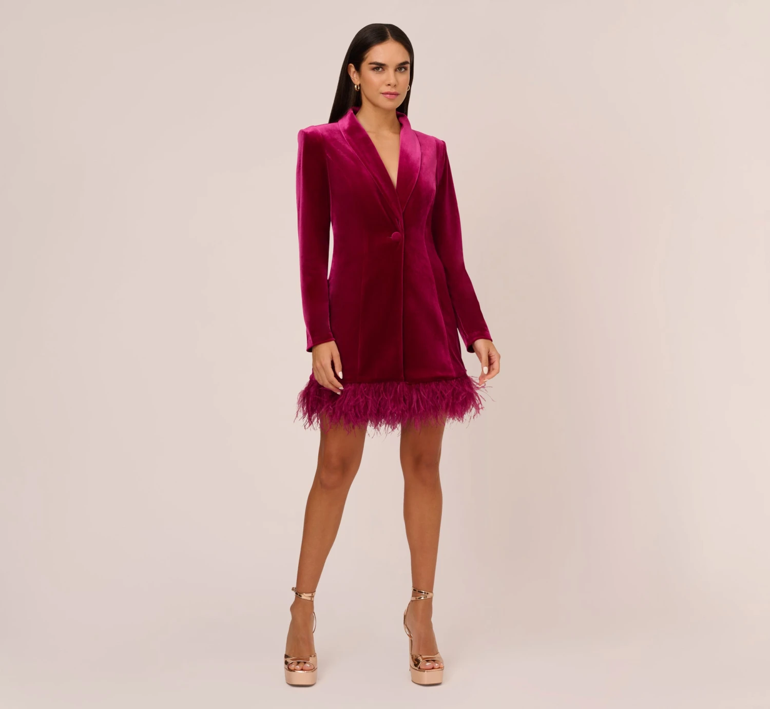 Long Sleeve Velvet Tuxedo Dress With Feather Hem In Magenta 7 Long Sleeve Velvet Tuxedo Dress With Feather Hem In Magenta - Image 7