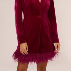 Long Sleeve Velvet Tuxedo Dress With Feather Hem In Magenta 11 Long Sleeve Velvet Tuxedo Dress With Feather Hem In Magenta -Glam Mirth Sales MN1E208384 AA520 Regular Lifestyle