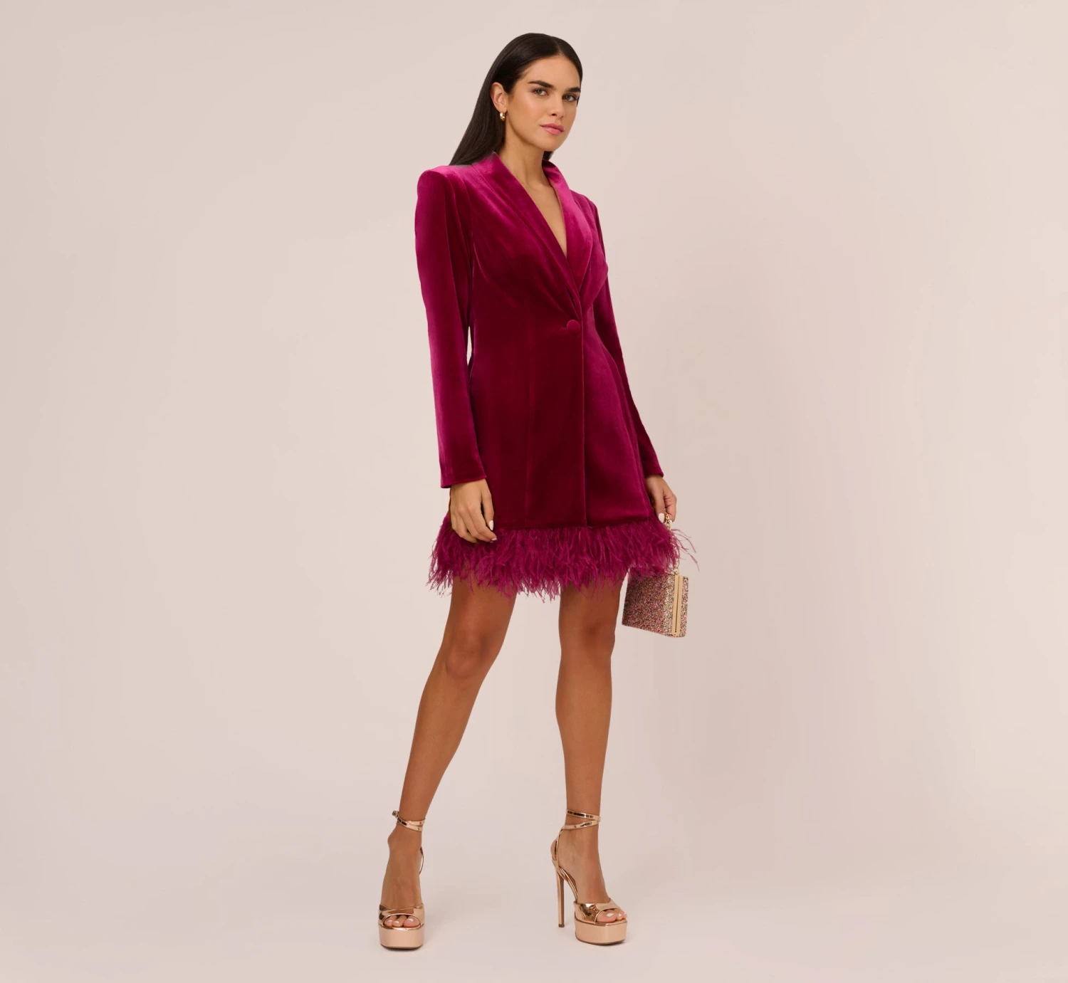 Long Sleeve Velvet Tuxedo Dress With Feather Hem In Magenta 2 Long Sleeve Velvet Tuxedo Dress With Feather Hem In Magenta - Image 2