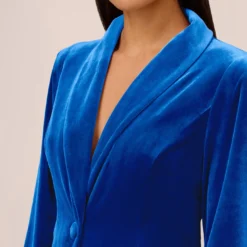 Long Sleeve Velvet Tuxedo Dress With Feather Hem In Deep Ocean -Glam Mirth Sales MN1E208384 AT414 Regular Detail