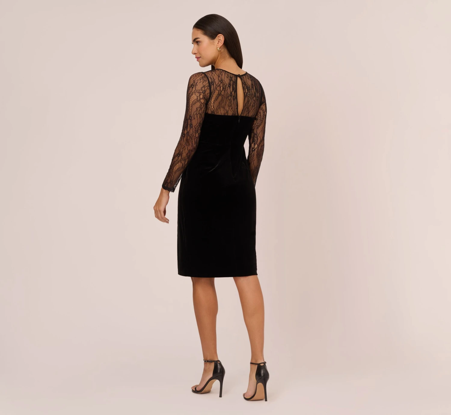 Long Sleeve Velvet Midi Dress With Sheer Lace Details In Black 4 Long Sleeve Velvet Midi Dress With Sheer Lace Details In Black - Image 4