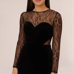 Long Sleeve Velvet Midi Dress With Sheer Lace Details In Black 9 Long Sleeve Velvet Midi Dress With Sheer Lace Details In Black -Glam Mirth Sales MN1E208385 AA002 Regular Detail