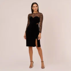Long Sleeve Velvet Midi Dress With Sheer Lace Details In Black 11 Long Sleeve Velvet Midi Dress With Sheer Lace Details In Black -Glam Mirth Sales MN1E208385 AA002 Regular Front