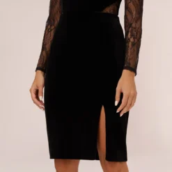 Long Sleeve Velvet Midi Dress With Sheer Lace Details In Black 12 Long Sleeve Velvet Midi Dress With Sheer Lace Details In Black -Glam Mirth Sales MN1E208385 AA002 Regular Lifestyle