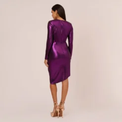 Metallic Knit Long Sleeve Asymmetrical Dress With Ruched Details In Wild Orchid 10 Metallic Knit Long Sleeve Asymmetrical Dress With Ruched Details In Wild Orchid -Glam Mirth Sales MN1E208390 AD510 Regular Back