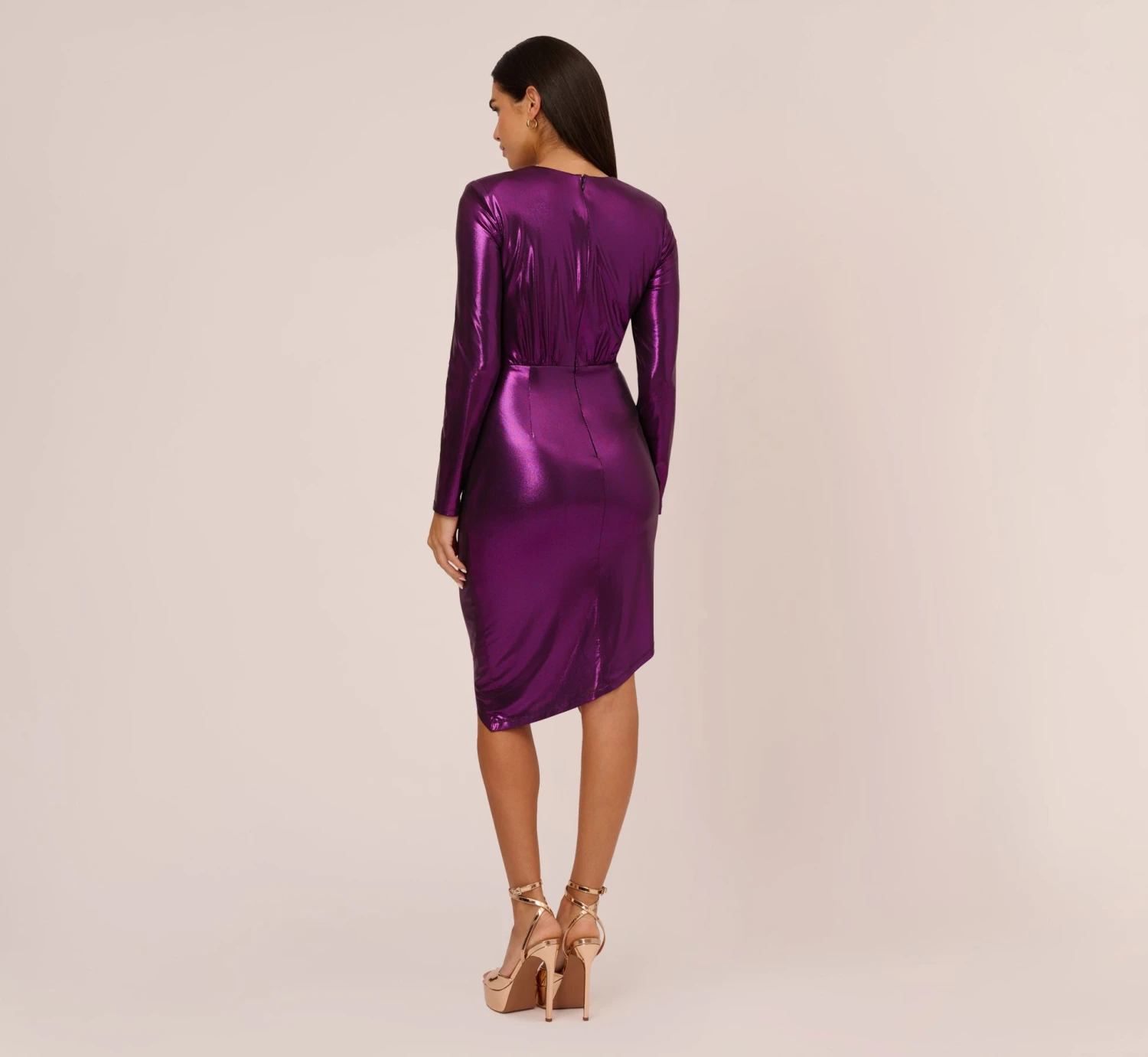 Metallic Knit Long Sleeve Asymmetrical Dress With Ruched Details In Wild Orchid 4 Metallic Knit Long Sleeve Asymmetrical Dress With Ruched Details In Wild Orchid - Image 4