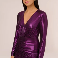 Metallic Knit Long Sleeve Asymmetrical Dress With Ruched Details In Wild Orchid 9 Metallic Knit Long Sleeve Asymmetrical Dress With Ruched Details In Wild Orchid -Glam Mirth Sales MN1E208390 AD510 Regular Detail