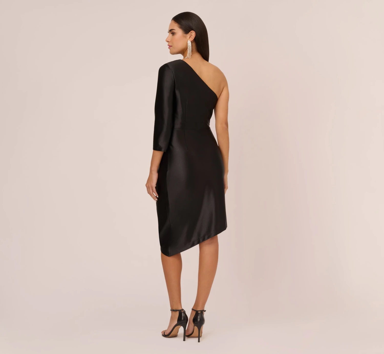 One Shoulder Satin Midi Dress With Three-Quarter Sleeve In Black 4 One Shoulder Satin Midi Dress With Three-Quarter Sleeve In Black - Image 4